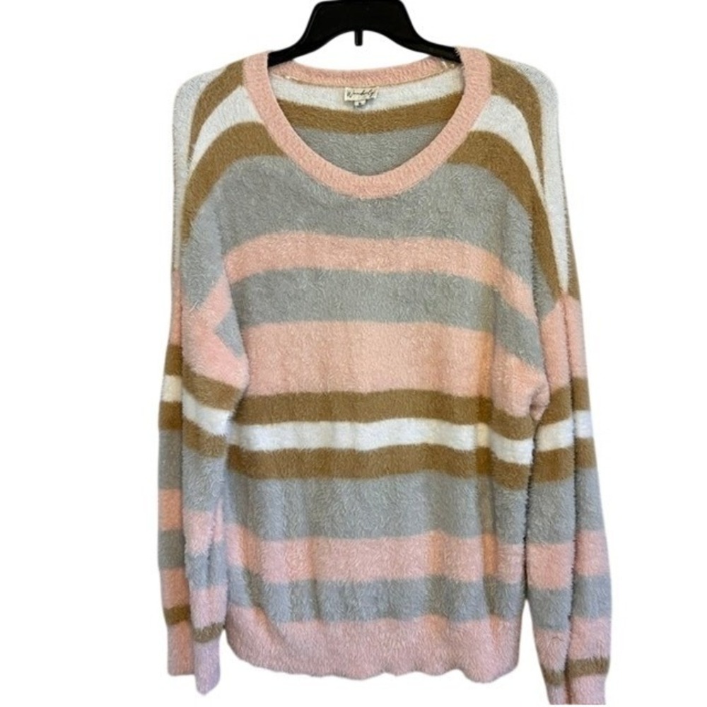 Wonderly Women's Pink Pastel Colorful Striped Eyelash Sweater XL Crewneck
